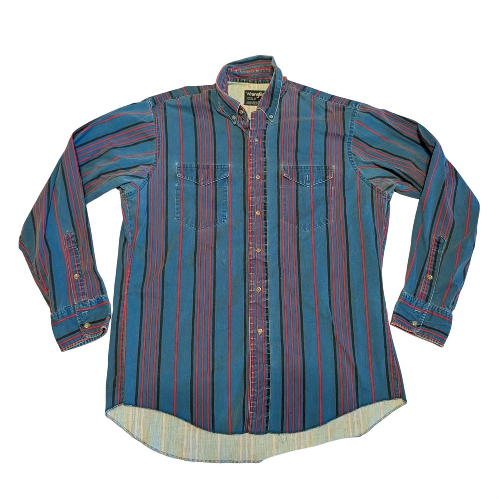 Wrangler Cowboy Cut Striped Western Shirt Blue Red Mens 15.5-35 X-Long Tails